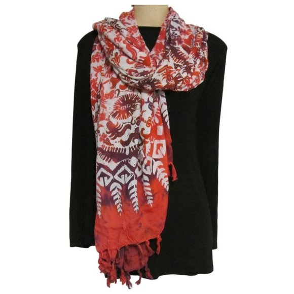 Bali Long Scarf with Autumn Colors and Leaf Designs - Picture 1 of 12